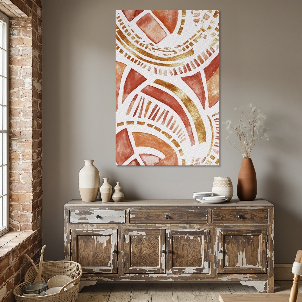 Framed Wall Art: Abstract watercolor in orange and gold hues. Modern art canvas print perfect for dining room decor. Shop now!