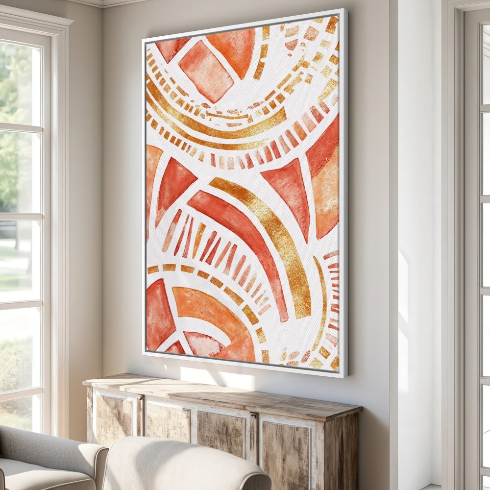 Framed Wall Art: Abstract watercolor print in warm orange and gold tones. Modern art to elevate your home decor. Shop now!