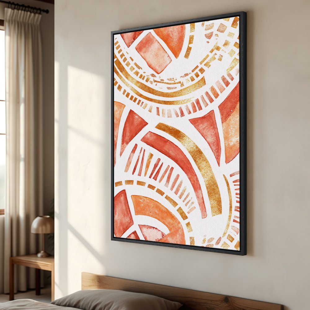 Framed Wall Art: Abstract watercolor print in warm orange and gold tones. Add a touch of modern art to your space!