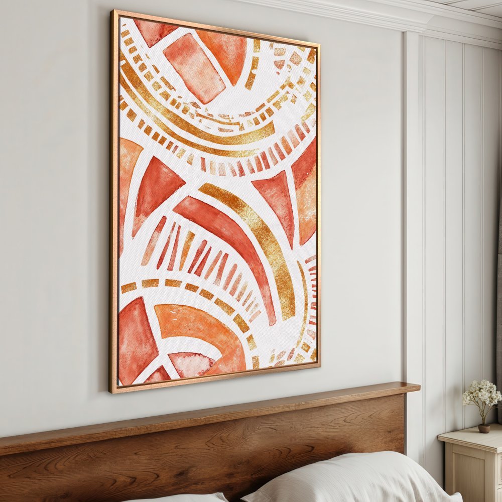 Framed Wall Art featuring abstract geometric art in warm orange and gold hues. Modern Canvas Print perfect for any interior.