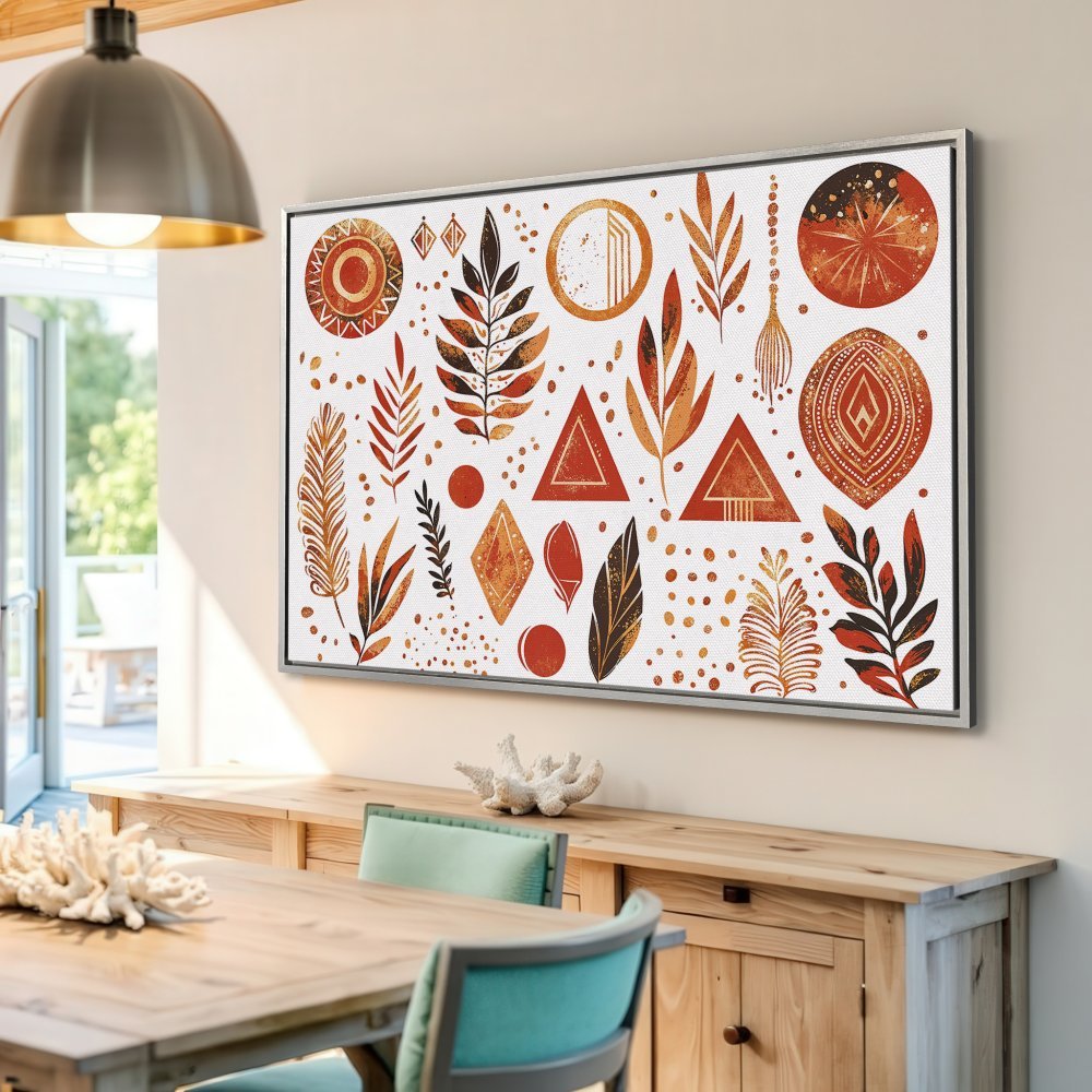 Abstract Canvas Print with boho leaves and geometric shapes in warm orange and brown tones. Perfect wall art!