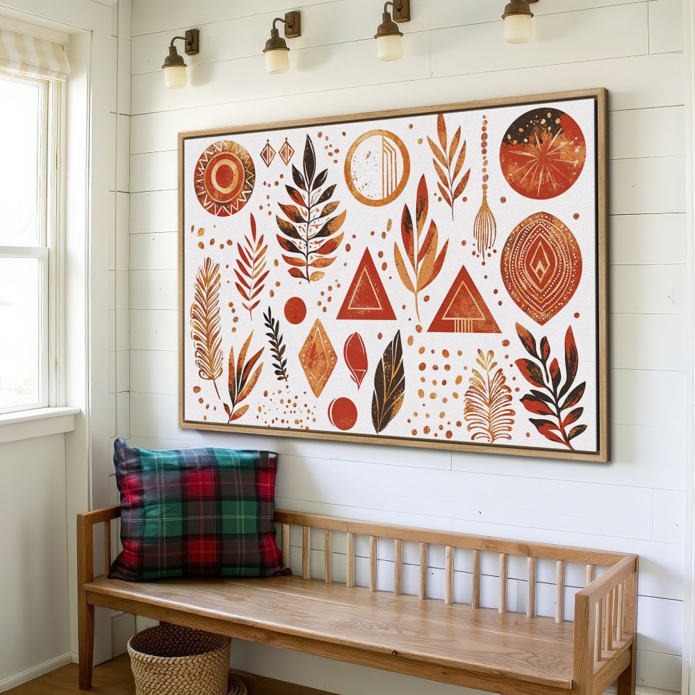 Framed Wall Art: Abstract botanical design in warm orange and brown tones. Modern decor for living room or entryway.