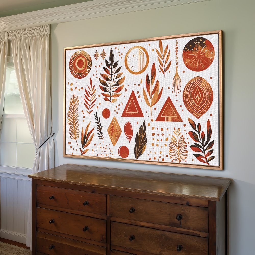 Framed Wall Art: Abstract boho print with geometric shapes and warm orange tones. Perfect for adding a touch of style to any space.