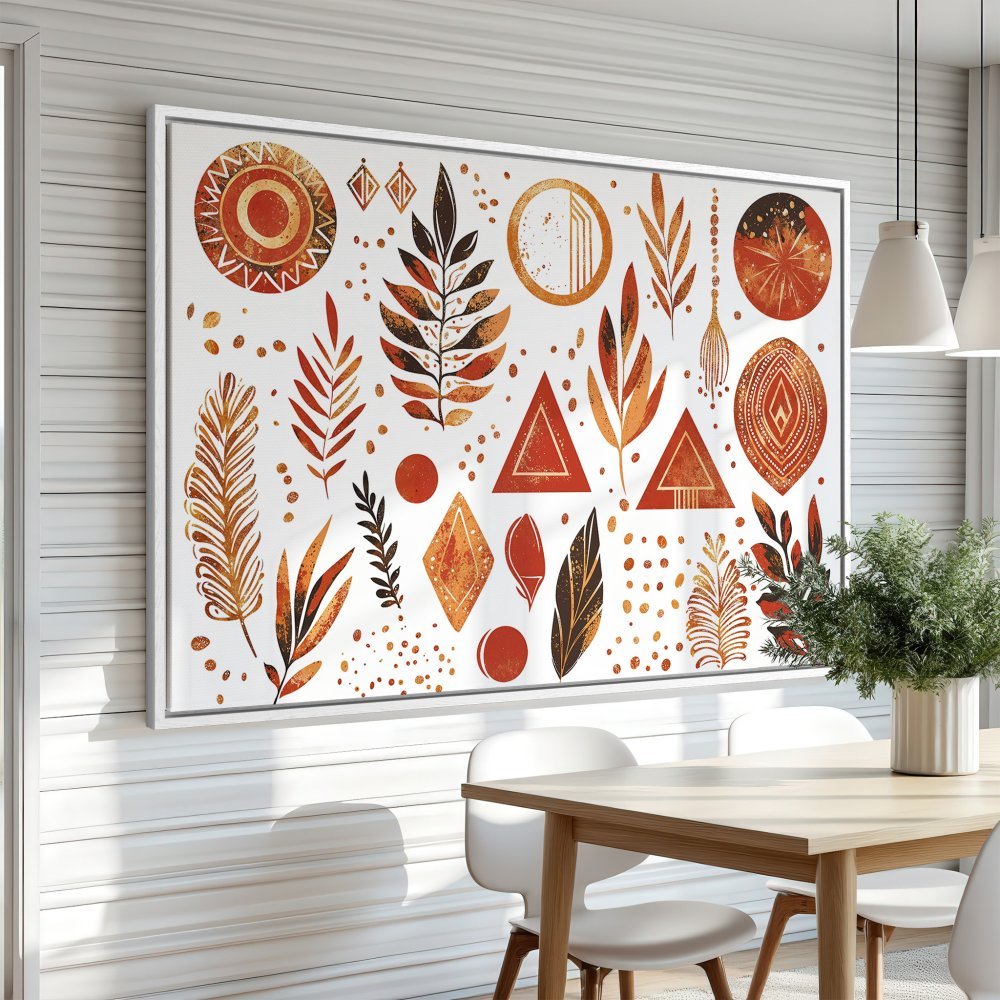 Framed Wall Art: Abstract botanical design in warm orange and brown tones. Modern wall decor for living room or dining room.