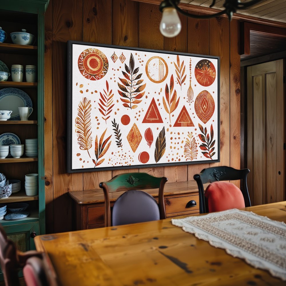 Framed Wall Art: Bohemian-style canvas print with abstract leaf and geometric designs in warm orange and brown tones. Perfect for any interior!