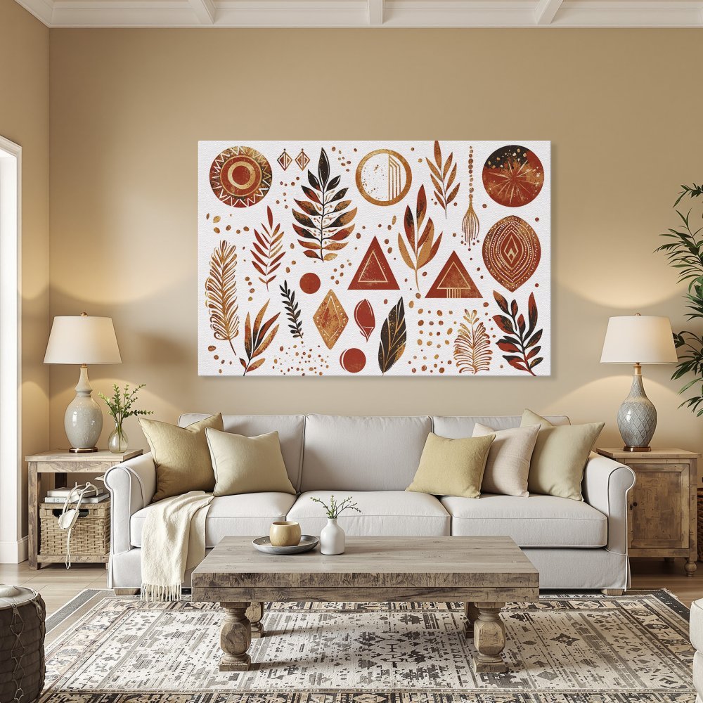 Framed Wall Art featuring abstract botanical design in warm orange and brown tones, perfect for adding a touch of boho style.