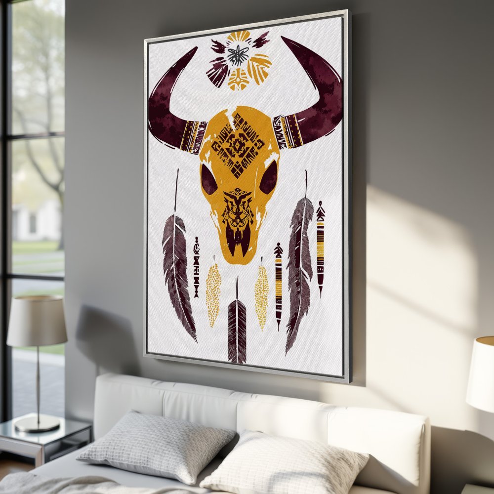 Framed Wall Art: Boho-style Canvas Print with bull skull and feather design in warm yellow, brown, and white tones. Perfect for bedroom decor.