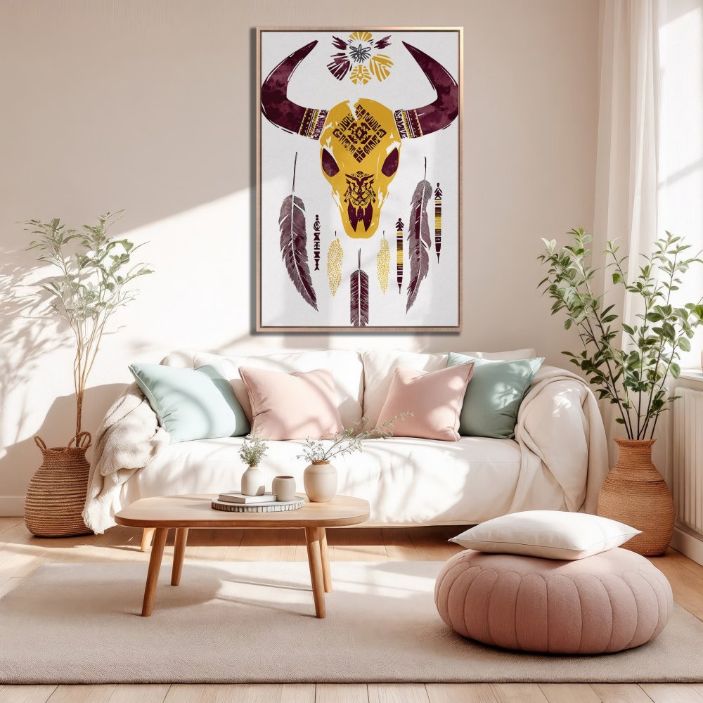 Framed Wall Art: Boho bull skull canvas print in warm yellow, burgundy, and white. Perfect for living room decor.