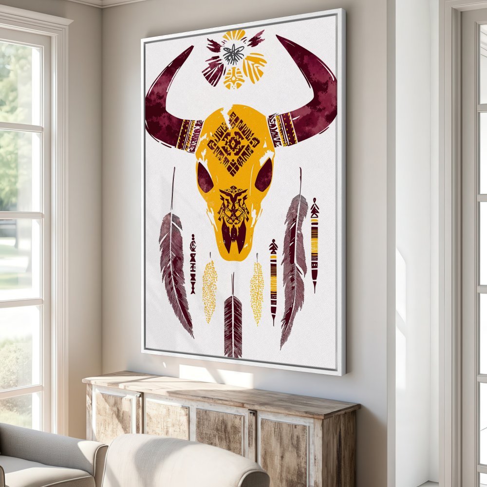 Boho Canvas Print featuring a bull skull and feathers in warm yellow, burgundy, and white. Perfect wall art for a stylish home.