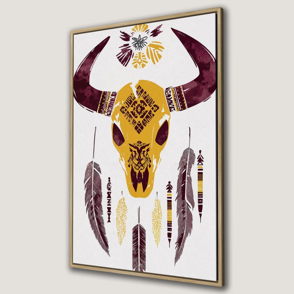 Boho Canvas Print featuring a bull skull with feathers. Warm yellow, burgundy, and white color palette. Perfect wall art for a stylish home.