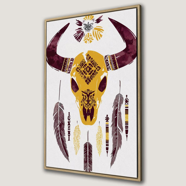 Boho Canvas Print featuring a bull skull with feathers. Warm yellow, burgundy, and white color palette. Perfect wall art for a stylish home.