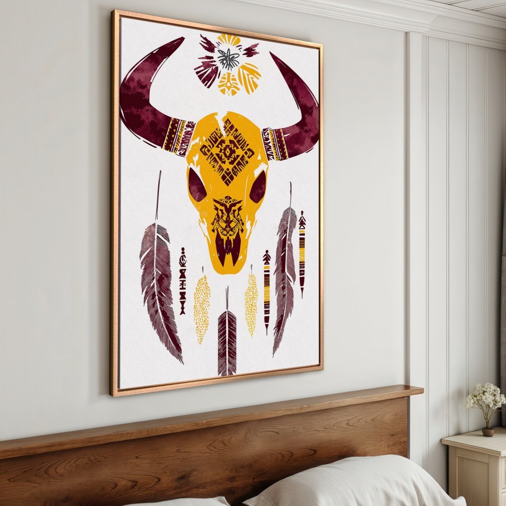 Framed Wall Art: Boho-style canvas print featuring a bull skull in yellow and burgundy, perfect for adding a touch of rustic charm.