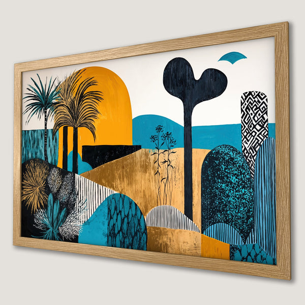 Framed Poster featuring an abstract landscape with palm trees, sun, and geometric shapes in a vibrant teal, gold, and black color palette.