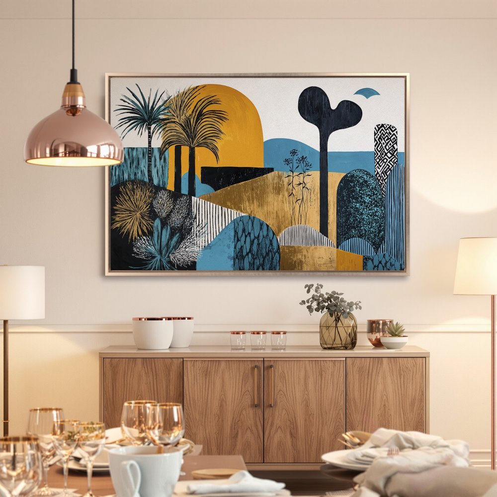 Framed Wall Art: Abstract landscape Canvas Print in gold, teal, and black. Modern art for living room or dining room decor.