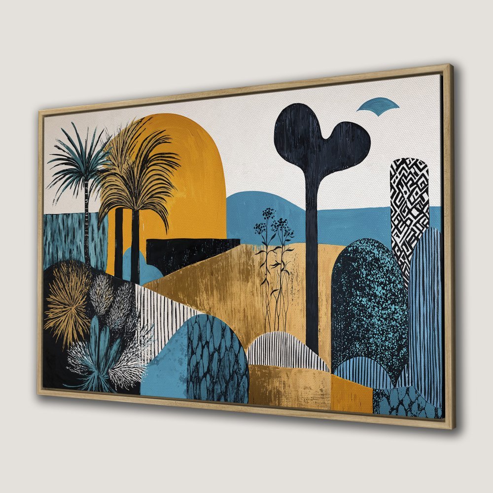 Abstract landscape Canvas Print with palm trees, gold, blue, and black color palette. Modern wall art.