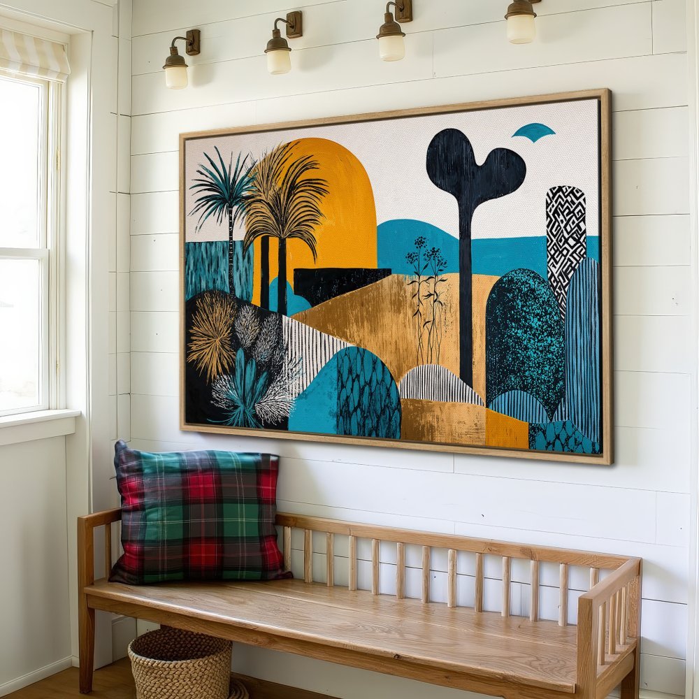 Abstract landscape Canvas Print with vibrant teal, gold, and black palette. Modern framed wall art for a stylish home.