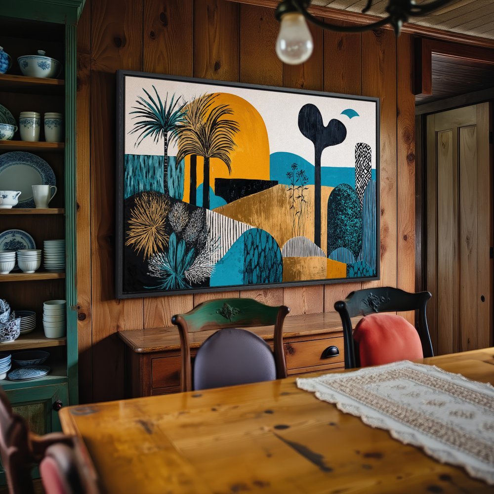Framed Wall Art: Abstract landscape Canvas Print with a vibrant palette of teal, gold, and black. Perfect for adding a touch of modern art to your home.