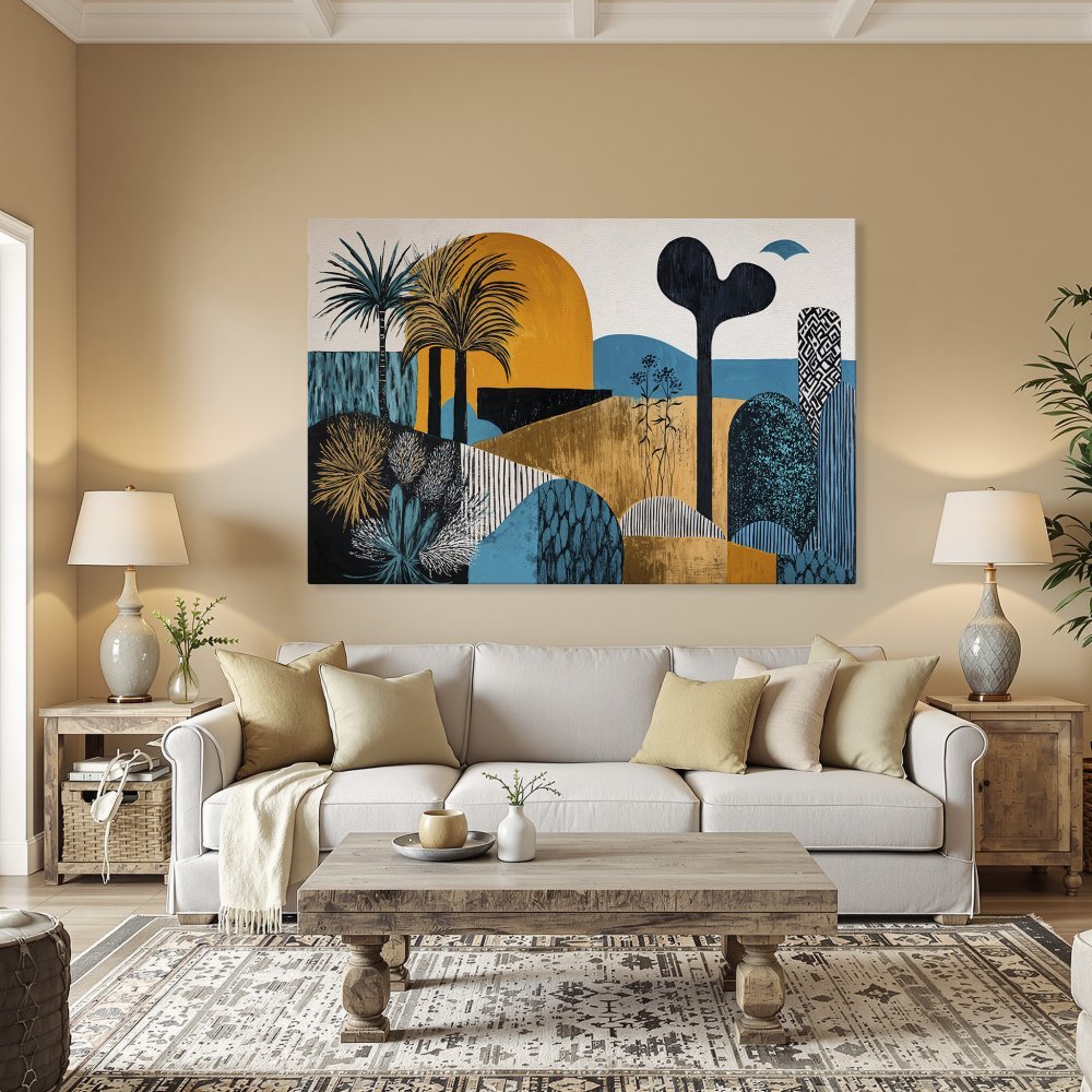 Framed Wall Art: Abstract landscape Canvas Print in teal, gold, and black. Modern art for your home decor.