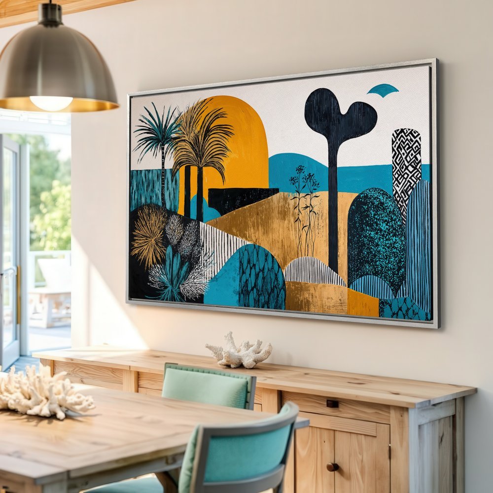 Abstract landscape Canvas Print with a vibrant teal, gold, and black color palette. Modern wall art for your home.