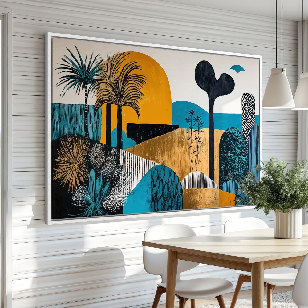 Framed Wall Art: Modern landscape Canvas Print with palm trees in teal, gold, and orange. Add a pop of color to your dining room!