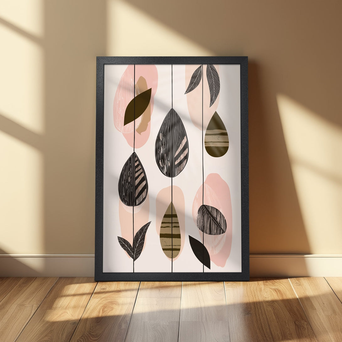 Framed Poster featuring abstract leaf design in neutral tones. Modern art print with pink, black, and brown color palette. Perfect wall decor.