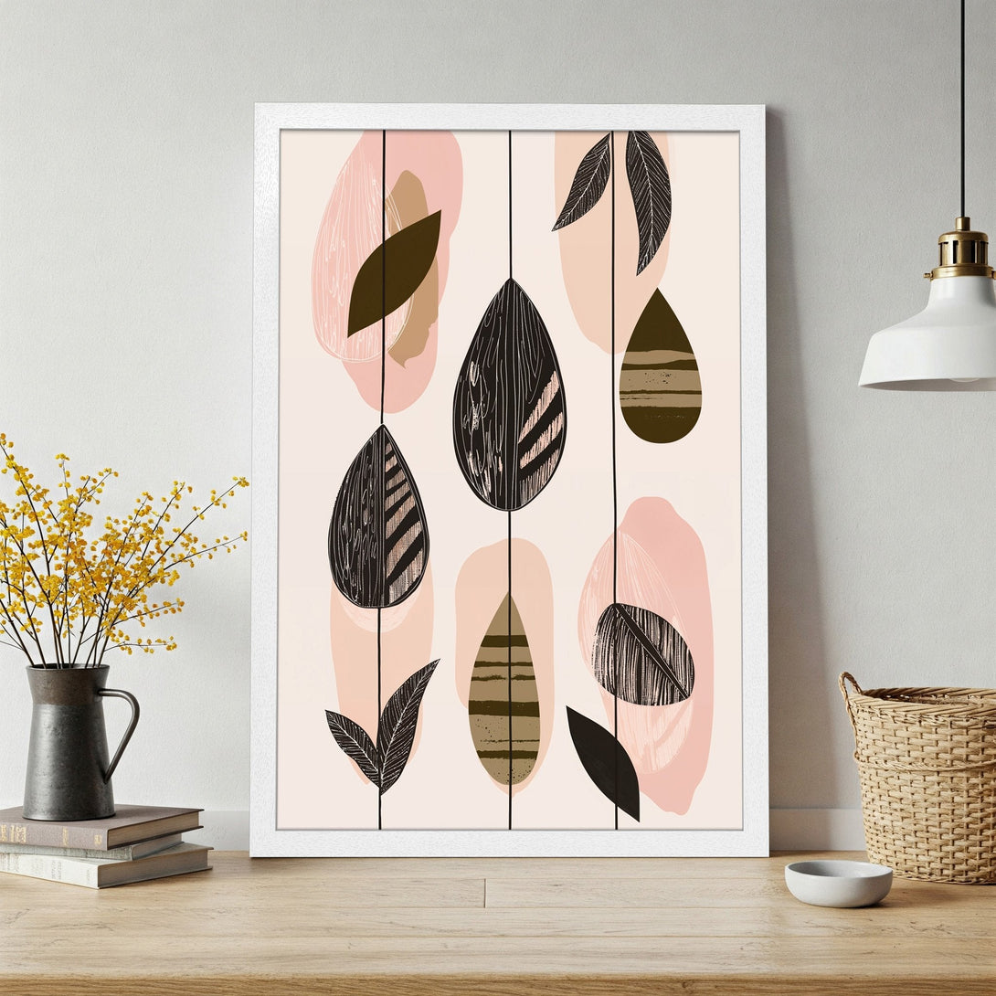 Framed Poster featuring abstract leaf design in neutral tones. Modern art print for home decor.