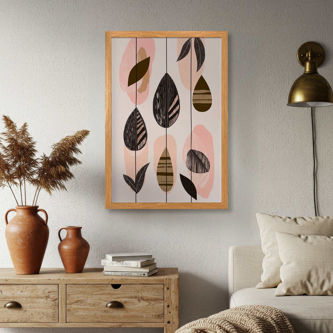 Framed Poster with abstract leaf design in pink, brown, and black. Modern art print for home decor.