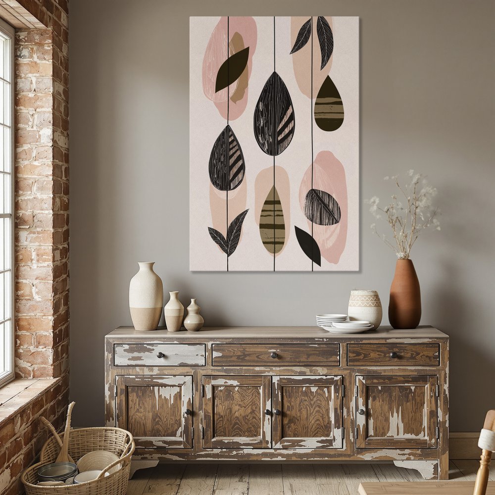 Framed Wall Art: Abstract leaf art in neutral tones (pink, brown, black) displayed in a dining room. Modern style Canvas Print for home decor.