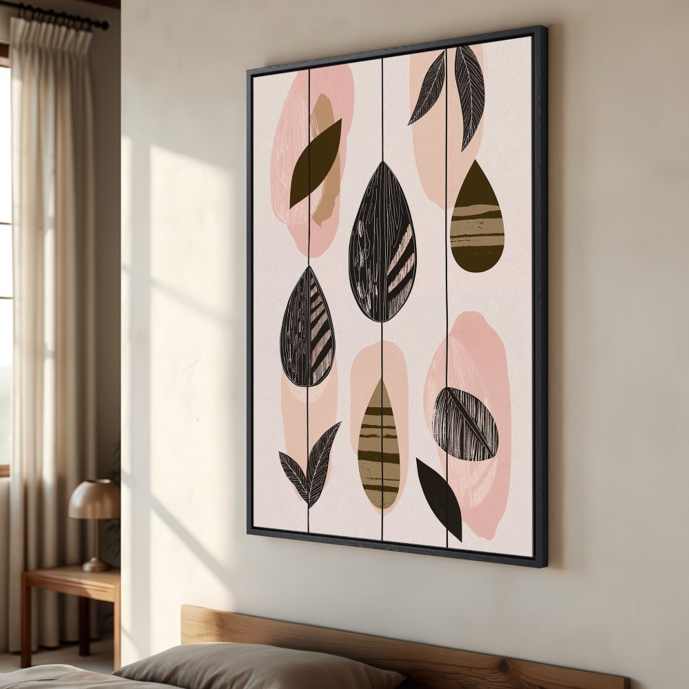 Framed Wall Art featuring abstract leaf design in blush pink, olive green, and black. Modern art for bedroom decor.