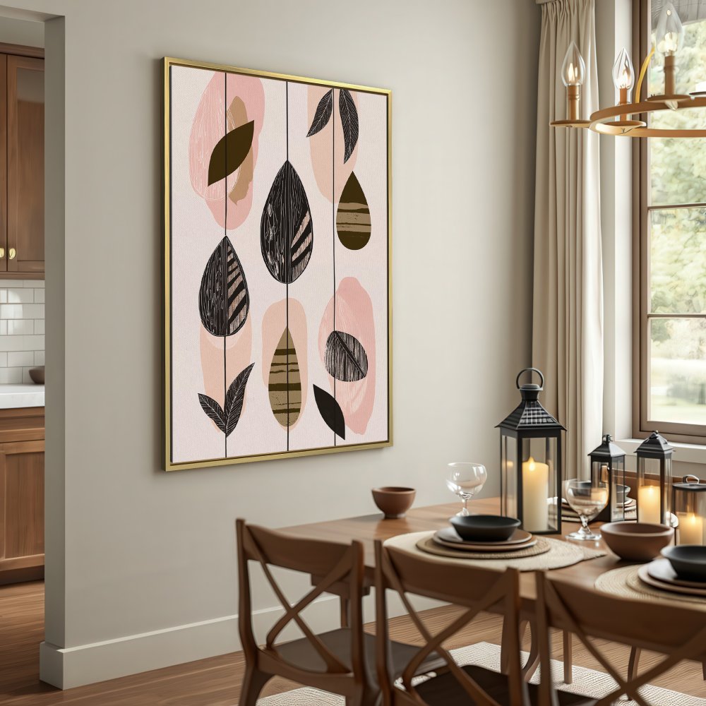 Abstract Canvas Print with leaf design in blush, black, and beige. Modern wall art for your home decor.