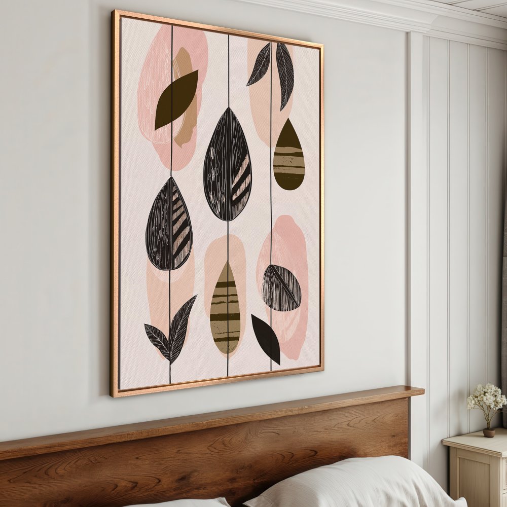 Framed Wall Art: Abstract leaf design in blush, black, and olive green. Modern canvas print adds a touch of elegance to any space.