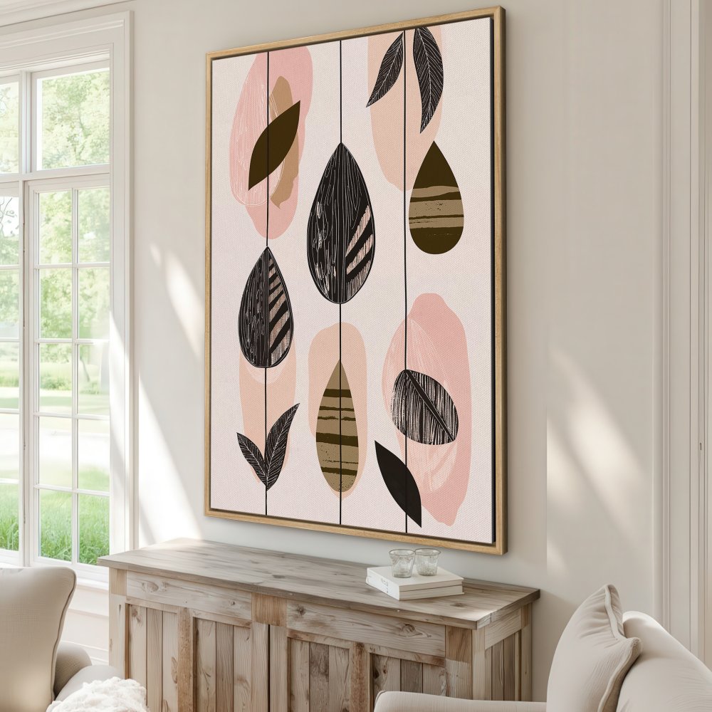 Framed Wall Art: Abstract leaf design in blush pink, black, and olive green. Modern art for your home.