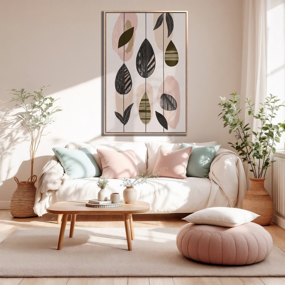 Framed Wall Art: Abstract leaf design in neutral tones. Modern decor with pink, green, and black accents. Perfect for living room or bedroom.