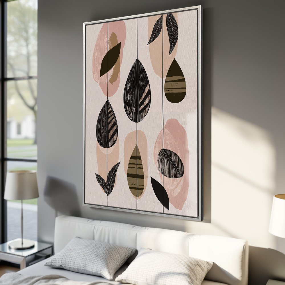 Framed Wall Art: Modern abstract botanical print in blush, black, and neutral tones. Elevate your space with this stylish canvas art!