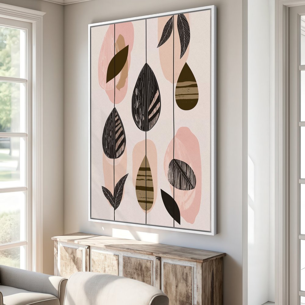 Framed Wall Art featuring abstract leaf design in blush pink, black, and olive green. Modern art for home decor.
