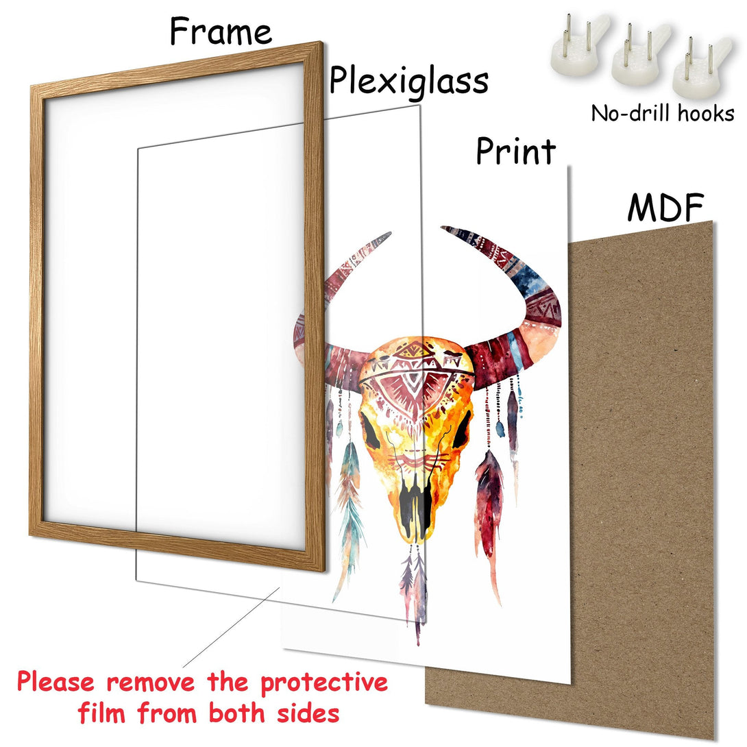 Framed Poster featuring a watercolor bull skull in vibrant warm colors. Boho style art print ready to hang.