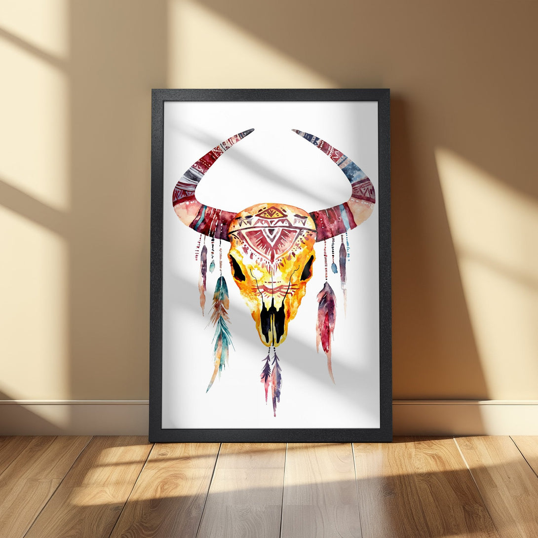 Framed Poster featuring a watercolor bull skull with tribal patterns. Earthy tones of red, yellow, and blue create a stunning art piece.