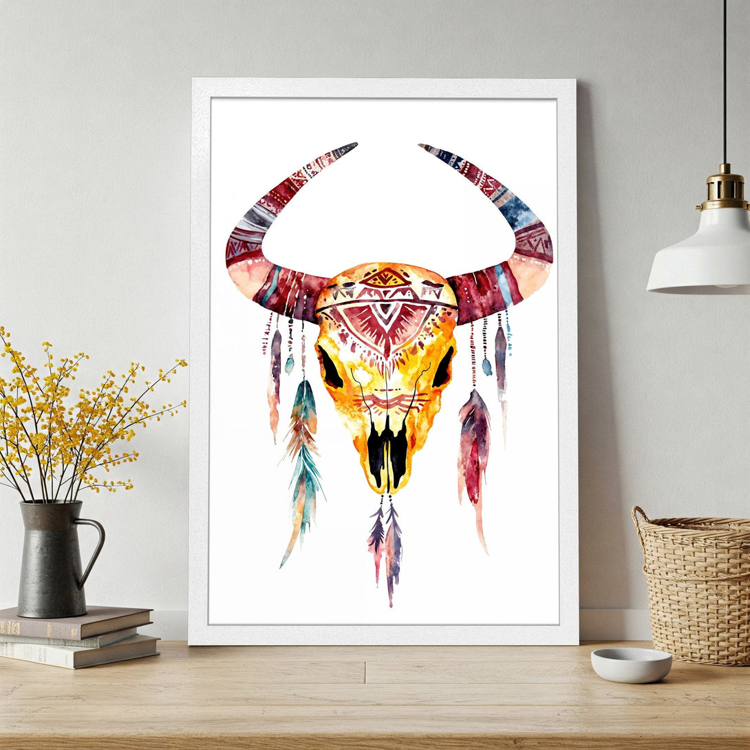 Framed Poster featuring a watercolor bull skull with tribal design. Warm yellow, red, and blue color palette, perfect for boho decor.