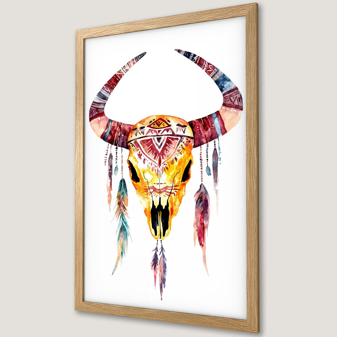 Framed Poster featuring a watercolor bull skull in boho style with warm, earthy tones and vibrant feather accents.