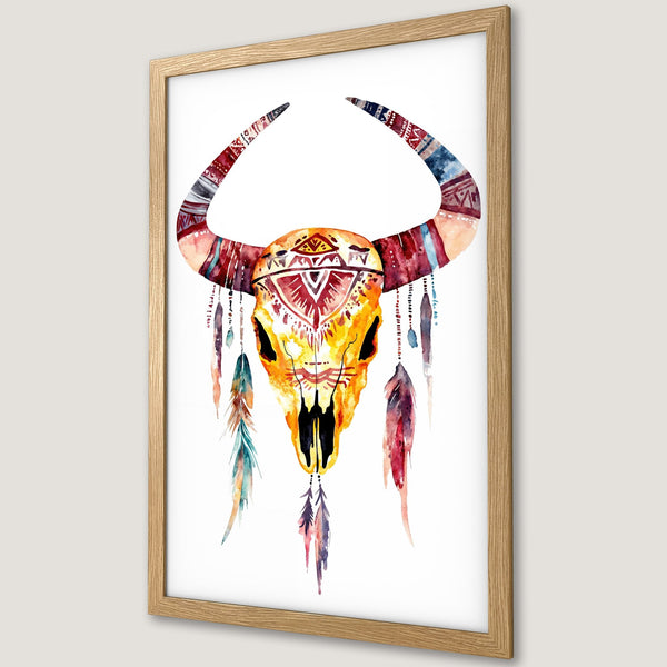 Framed Poster featuring a watercolor bull skull in boho style with warm, earthy tones and vibrant feather accents.
