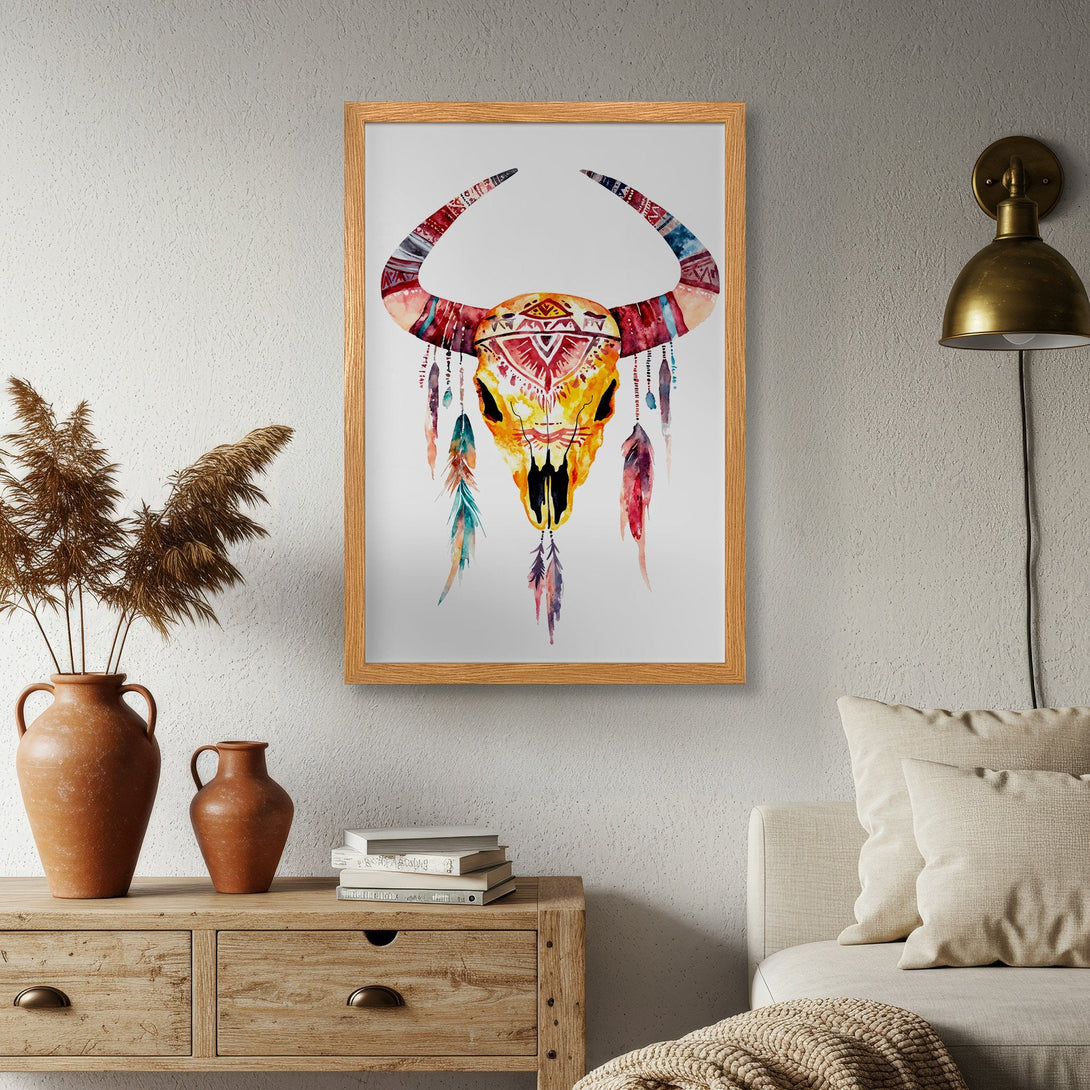 Framed Poster featuring a watercolor bull skull in vibrant reds, yellows, and blues. Bohemian style wall art for home decor.