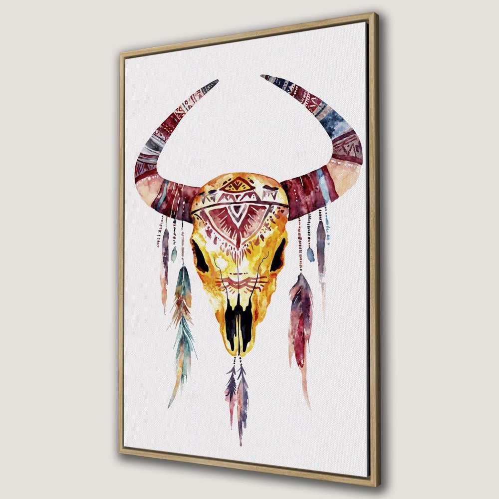 Framed Wall Art: Watercolor bull skull print in boho style. Warm yellow, red, and blue hues. Perfect for adding a unique touch to your home decor.