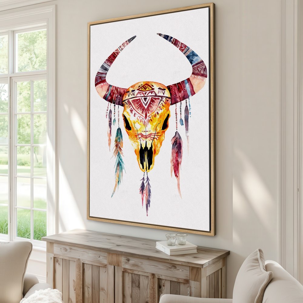 Watercolor Canvas Print of a boho bull skull. Warm, earthy tones with pops of blue & red. Perfect for adding a touch of Southwestern style.