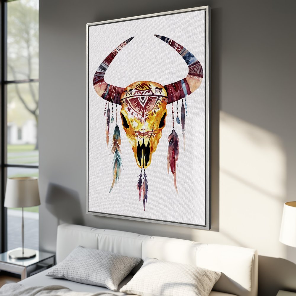 Framed Wall Art: Watercolor bull skull print in warm yellow, red, and blue tones. Boho style canvas art for a stylish home.