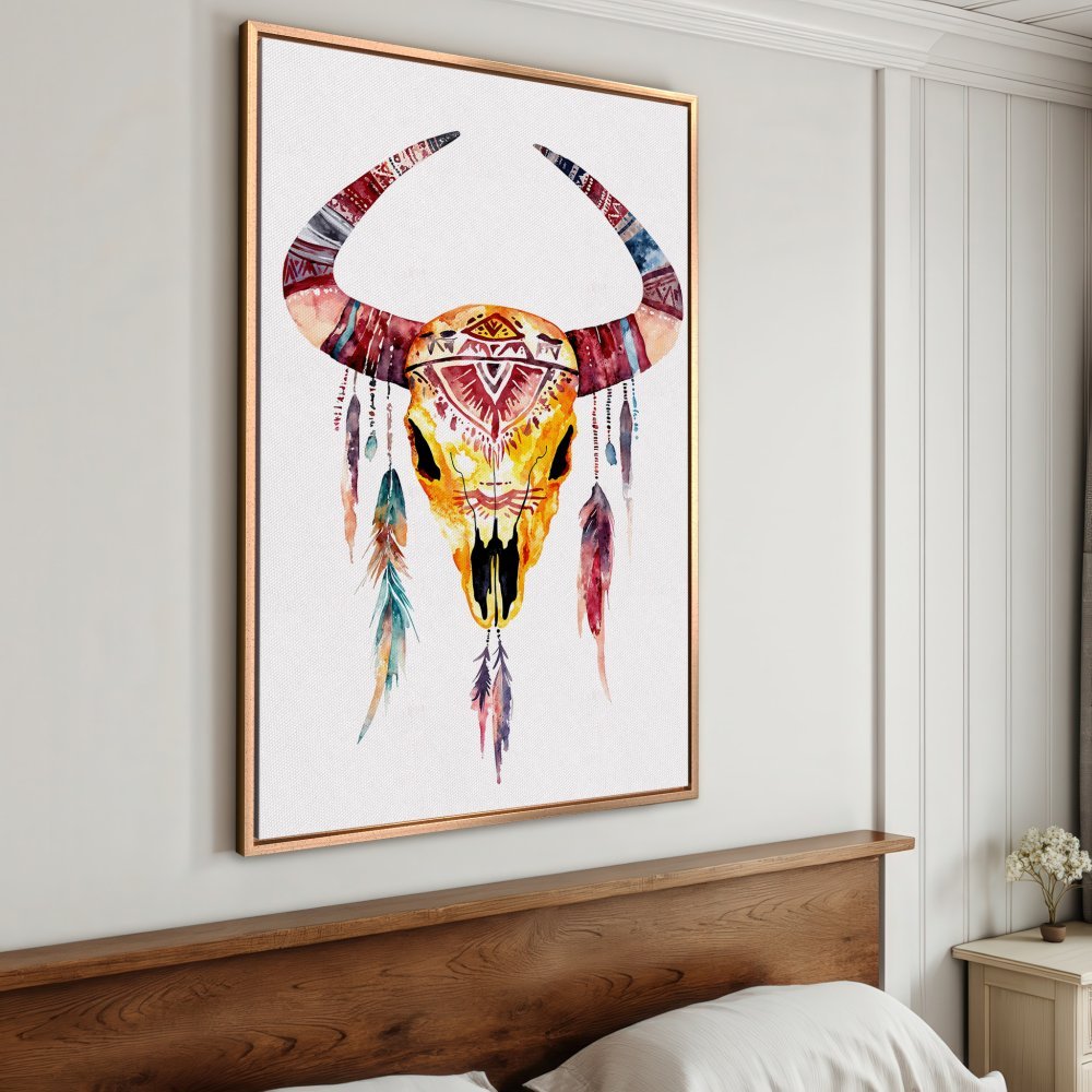 Framed Wall Art: Watercolor bull skull canvas print in warm, earthy tones. Bohemian style artwork perfect for your home decor.