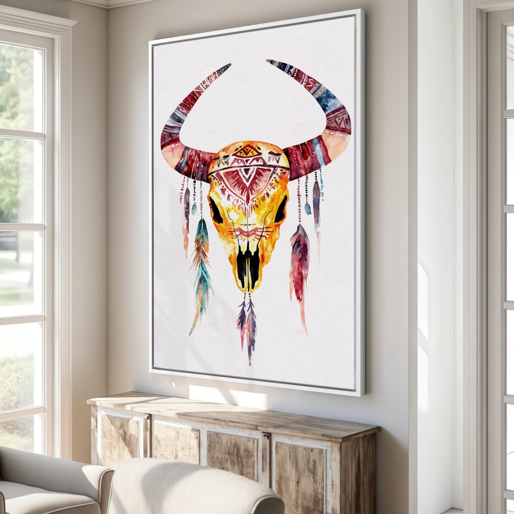 Framed Wall Art: Watercolor bull skull print in warm orange, red, and blue tones. Bohemian style canvas art perfect for home decor.