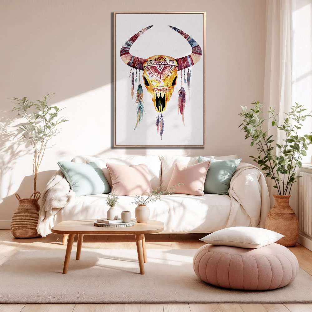 Framed Wall Art: Watercolor bull skull print in warm tones. Boho style canvas art for living room decor.