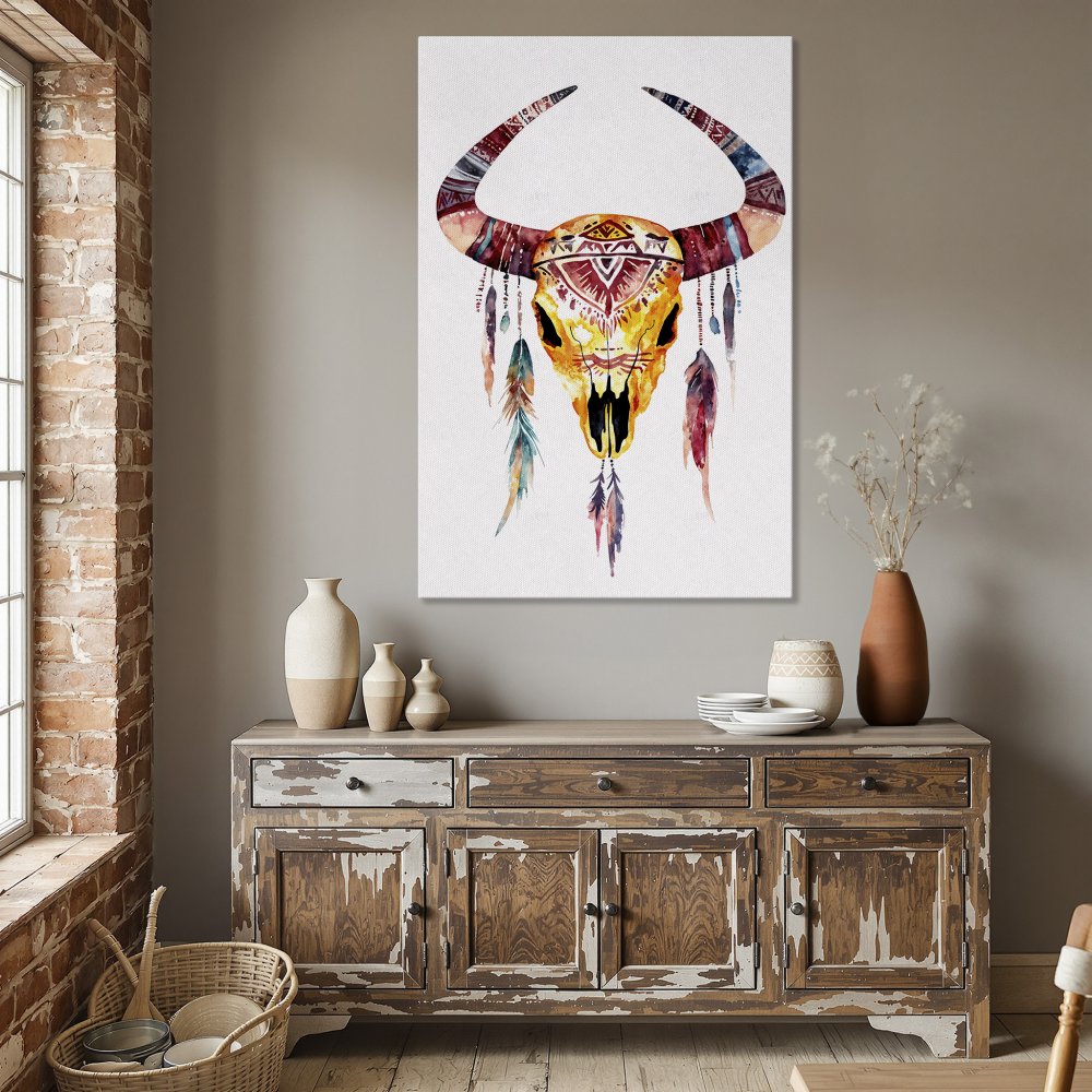 Framed Wall Art: Watercolor bull skull canvas print, boho style, warm color palette. Perfect for dining room decor!