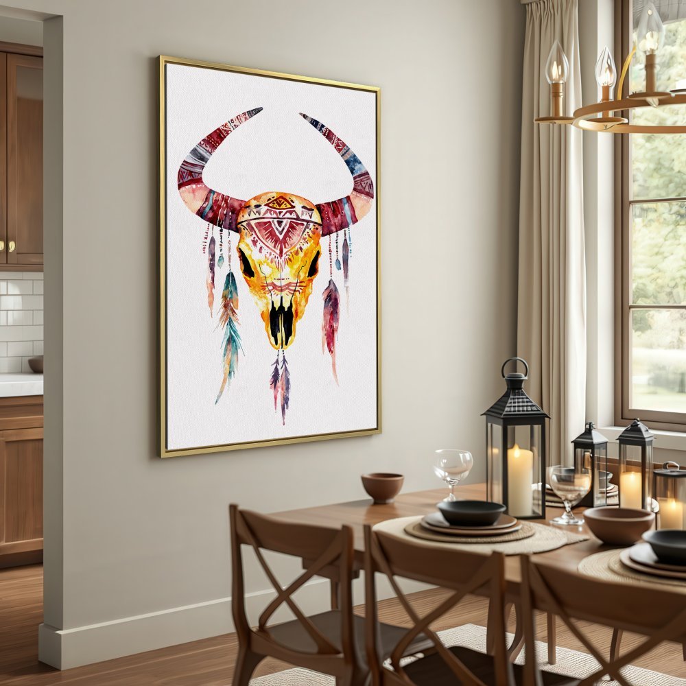 Canvas Print: Watercolor bull skull art with boho style, featuring warm yellows, reds, and blues. Perfect wall decor for any room.