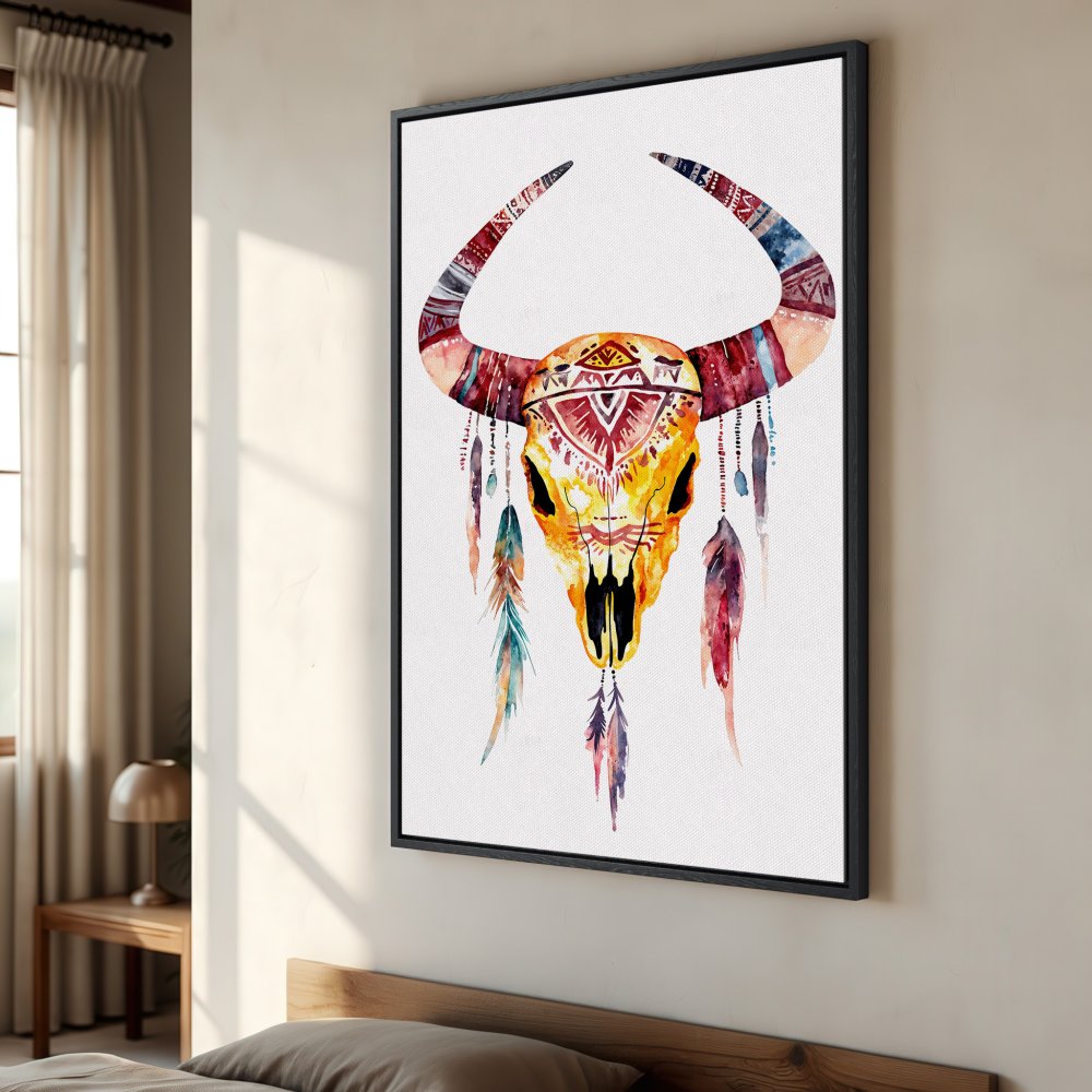 Framed Wall Art: Watercolor bull skull print in warm yellow, red, and blue tones. Boho style canvas art perfect for adding a unique touch to your decor.